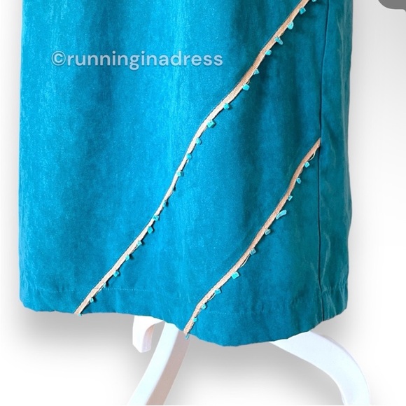 Vintage New Frontier Teal Suede 2-Piece Set Beaded Shirt Jacket & Midi Skirt L - Picture 13 of 16
